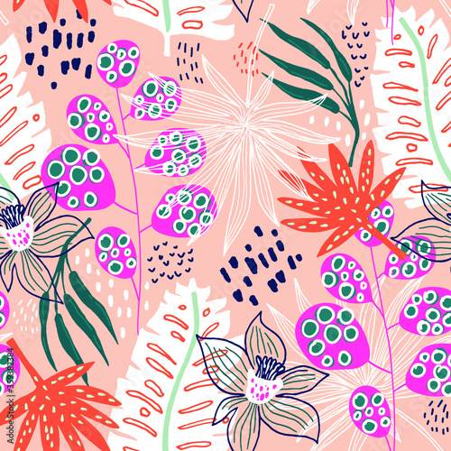Seamless tropical pattern with hand drawn plants, leaves and exotic flowers. Jungle summer background. Perfect for fabric design, wallpaper, apparel. Vector illustration