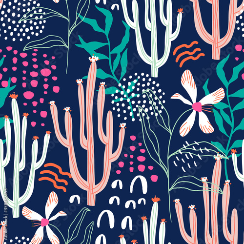 Seamless tropical pattern with hand drawn plants, leaves and exotic flowers. Jungle summer background. Perfect for fabric design, wallpaper, apparel. Vector illustration © solodkayamari