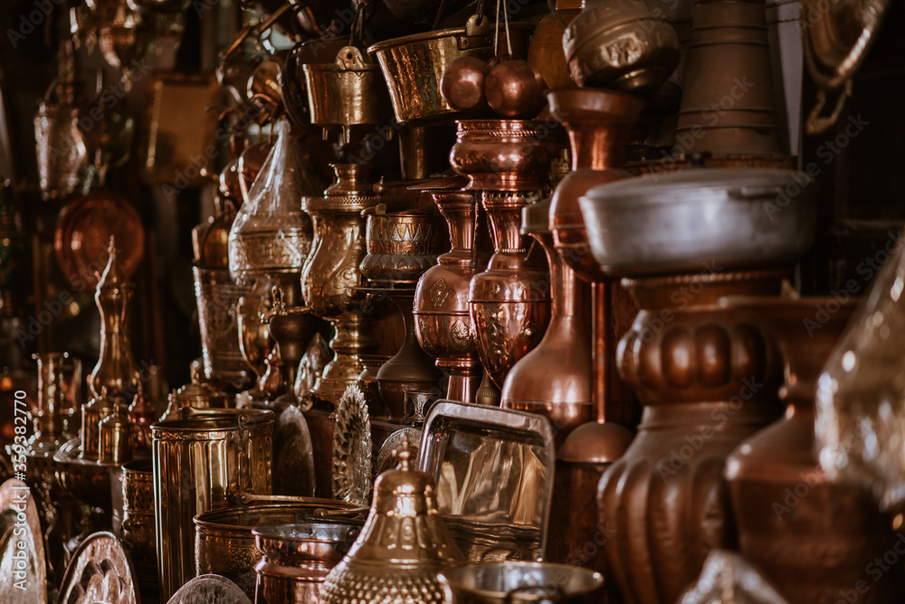 Decorative elements on the souk (market) in the old town, Medina in Morocco. Jug for brewing the tea.