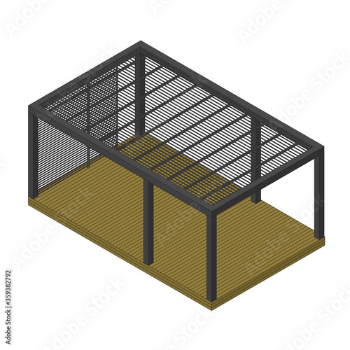 Garden terrace with pergola in isometric perspective. Outdoor seating, vector construction drawing. Wooden pergola, light structure located in garden. External shading, sunlight heat at family house
