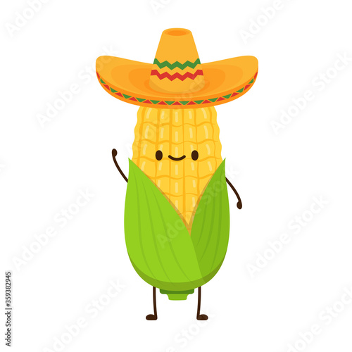 Corn in a Mexican hat.  Corn character design.