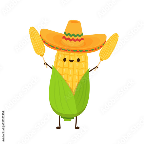 Corn in a Mexican hat. Corn vector. Corn character design. Corn vector on white background.