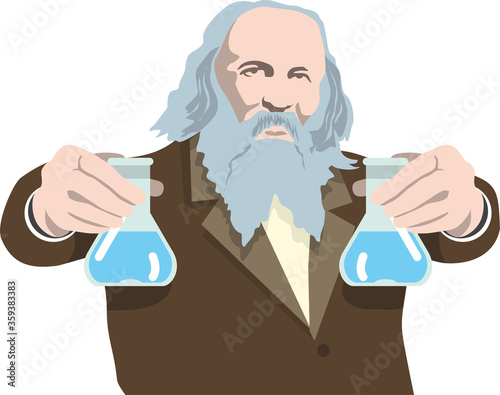 Portrait of the great Russian scientist chemist Mendeleev. Mendeleev holds out his hands, holds in his hands flasks with a chemical substance. Vector illustration.