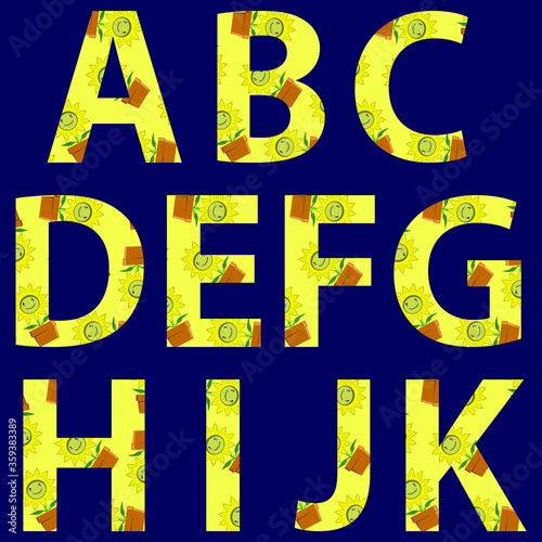 A B C D E F G H I J K alphabets applied with simple sunflower graphic pattern background vector