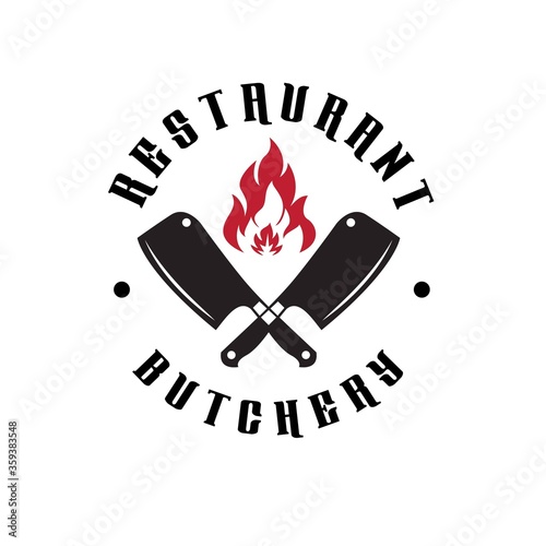 Vintage Retro Butcher shop label logo design with crossed cleavers