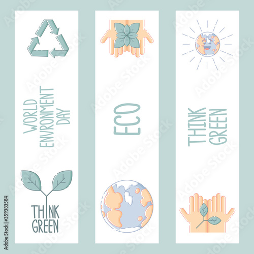 Set of bookmarks with ecological elements and lettering.