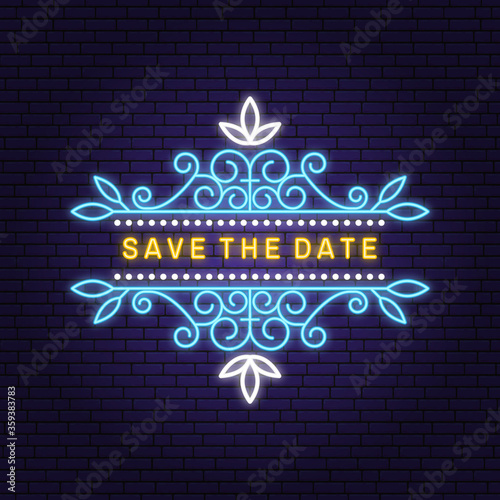 Wedding neon invitation card template. Vector. Thin line geometric badge. Outline icon for save the date invitation card design. Modern minimalist frame design with leaf, flowers decor