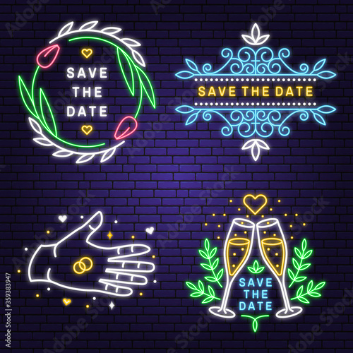 Wedding neon invitation card. Vector Thin line geometric badge. Outline icon for save the date invitation card design. Modern minimalist design with wedding church, arch, rings and leaf, flowers