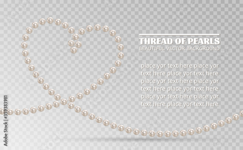 Realistic white pearls isolated on background. Shiny oyster pearls for luxury accessories. Pearl necklace thread of pearls. Beautiful natural heart shaped jewelry. Chains of pearls forming an ornament