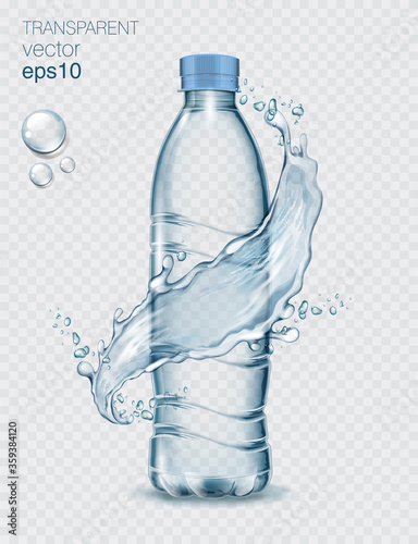 Transparent realistic vector plastic bottle with water and water splash on light background