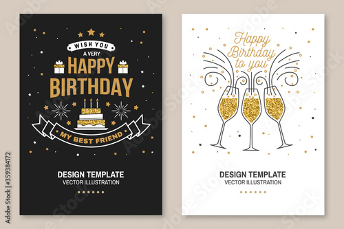 Happy Birthday to you. Stamp, sticker, card with Champagne glasses and cake with candles. Vector. Vintage typographic design for invitations, birthday celebration emblem in retro style