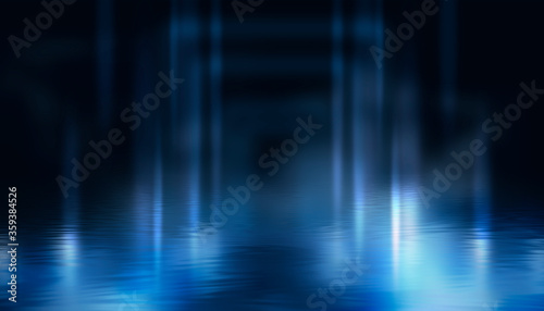 Dark background  neon lights  reflection on the water. Modern abstraction  night view. Rays and lines in neon. Liquid  puddles  flooding. 3D illustration