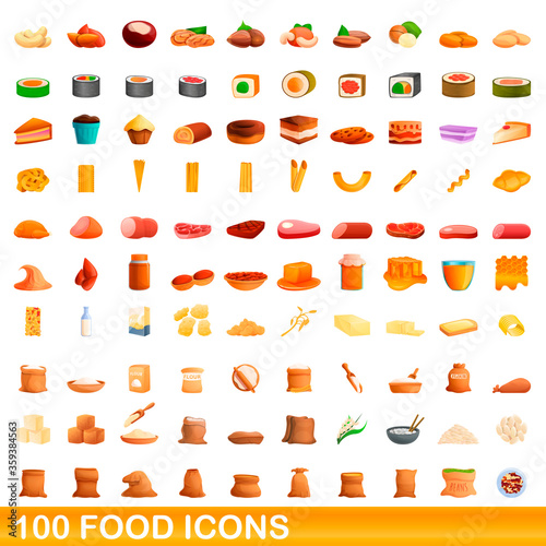 100 food icons set. Cartoon illustration of 100 food icons vector set isolated on white background