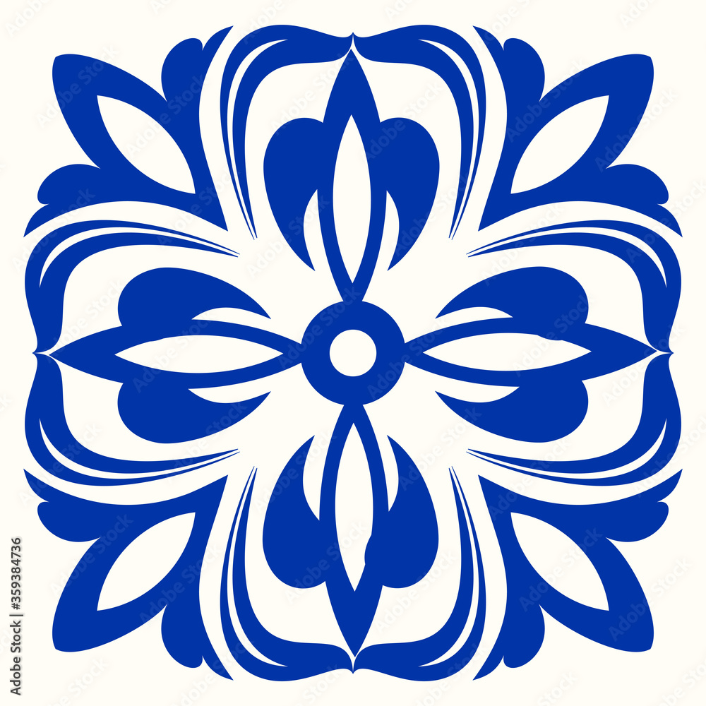 Blue and white Azulejo tile. Portuguese and Spain decor. Islam, Arabic, Indian, Ottoman motif. Vector Hand drawn pattern Blue and white Azulejo tile. Portuguese and Spain decor. Islam, Arabic, Indian, Ottoman motif. Vector Hand drawn pattern