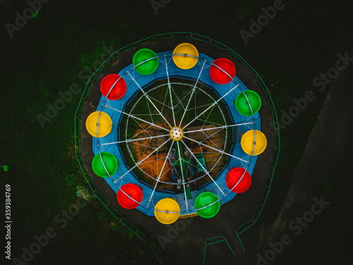 Aerial picture of Colorful soviet ferris wheel in Kaunas Vytautas park, Lithuania