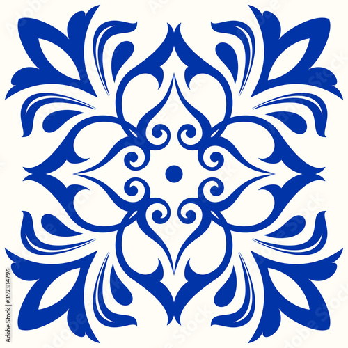 Blue and white Azulejo tile. Portuguese and Spain decor. Islam, Arabic, Indian, Ottoman motif. Vector Hand drawn pattern	