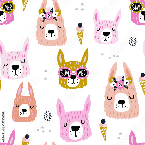 Childish seamless pattern with cute llamas heads. Creative summer vector childish background for fabric, textile