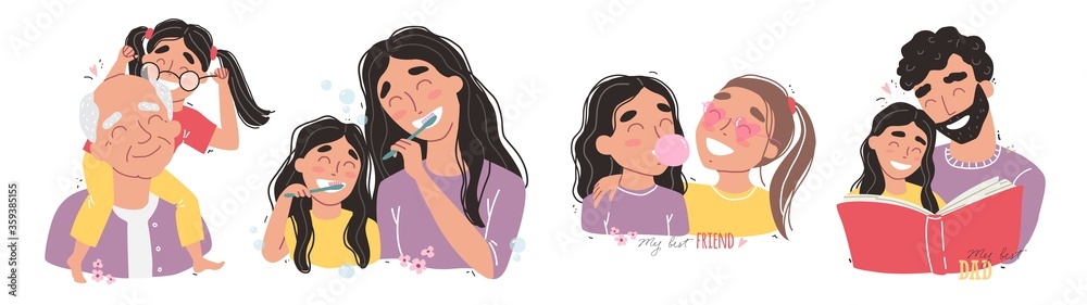 Family and childhood concept. parents hug a child. girl with best friends. an elderly man is having fun with his granddaughter Family and childhood concept. parents hug a child. girl with best friends. an elderly man is having fun with his granddaughter