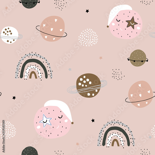 Childish seamless pattern with hand drawn space elements, rainbow, star, planet, galaxy. Trendy kids vector background.