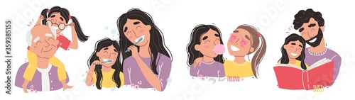 Family and childhood concept. parents hug a child. girl with best friends. an elderly man is having fun with his granddaughter