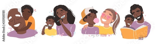 Family and childhood concept. parents hug a child. boy with best friends. an elderly man is having fun with his grandson