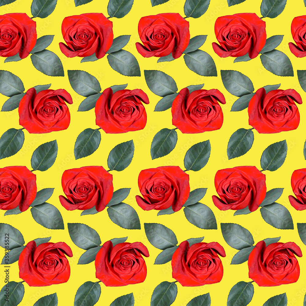Seamless pattern with red rose flowers and green leaves on yellow background. Endless colorful floral texture. Raster illustration. Seamless pattern with red rose flowers and green leaves on yellow background. Endless colorful floral texture. Raster illustration.