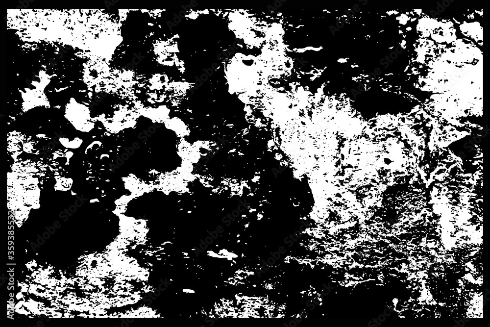 Fototapeta premium Monochrome wall pattern, black and white abstract texture with natural spots, scratches and cracks vector illustration