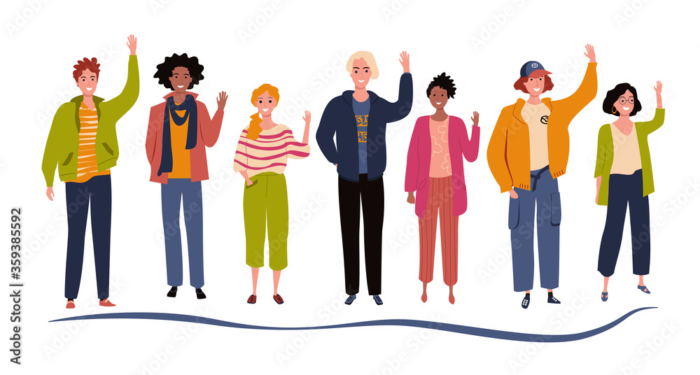 Fototapeta premium Group of seven happy friends. Young people together. People greeting gesture flat vector illustration in flat style