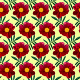 Seamless pattern with red Dahlia flowers and green leaves on yellow background. Endless floral texture. Raster colorful illustration.