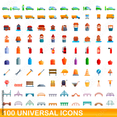 100 universal icons set. Cartoon illustration of 100 universal icons vector set isolated on white background
