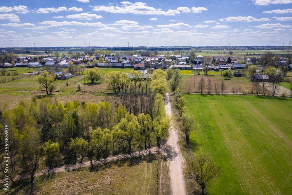 Drone aerial photo of fields around small Jaczew village in Mazowsze region of Poland