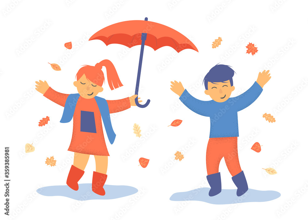 Autumn Girl with an umbrella and a boy jump in puddles