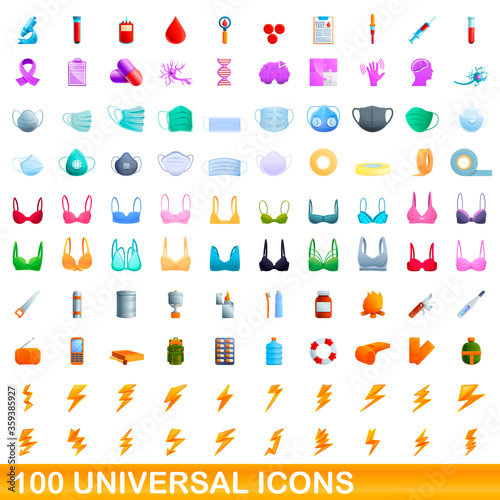 100 universal icons set. Cartoon illustration of 100 universal icons vector set isolated on white background