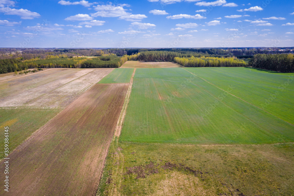 Drone aerial photo of fields around small Jaczew village in Mazowsze region of Poland