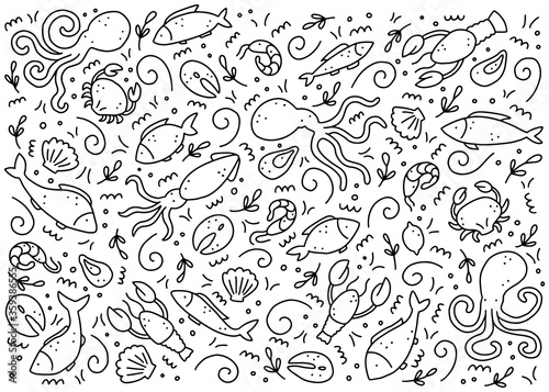 Hand drawn set of seafood elements, fish, lobster, oyster, octopus, shrimp. Doodle sketch style. Sea food element drawn by dogital pen. Vector illustration for icon, menu, recipe design.