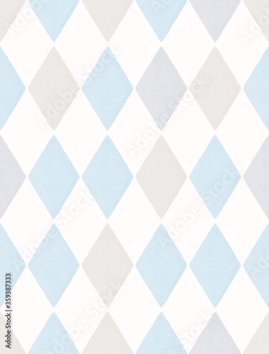 Blue and White Checkered Vector Pattern. Pastel Color Arlekin Print. Watercolor style Geometric Backdrop. Light Blue and Gray Diamonds isolated on a White Background. Caro Repeatable Design.