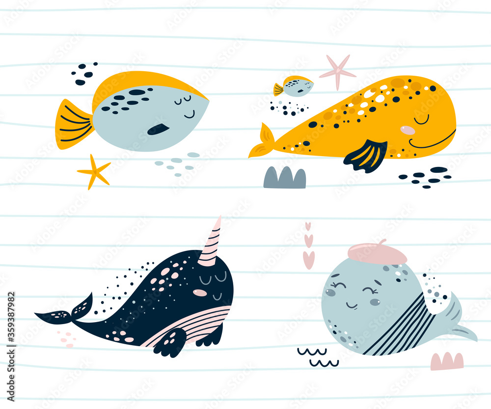 Cute sea animal character set. Smiling whales, sea fish, narwhal. Baby kids nautical animals prints illustration