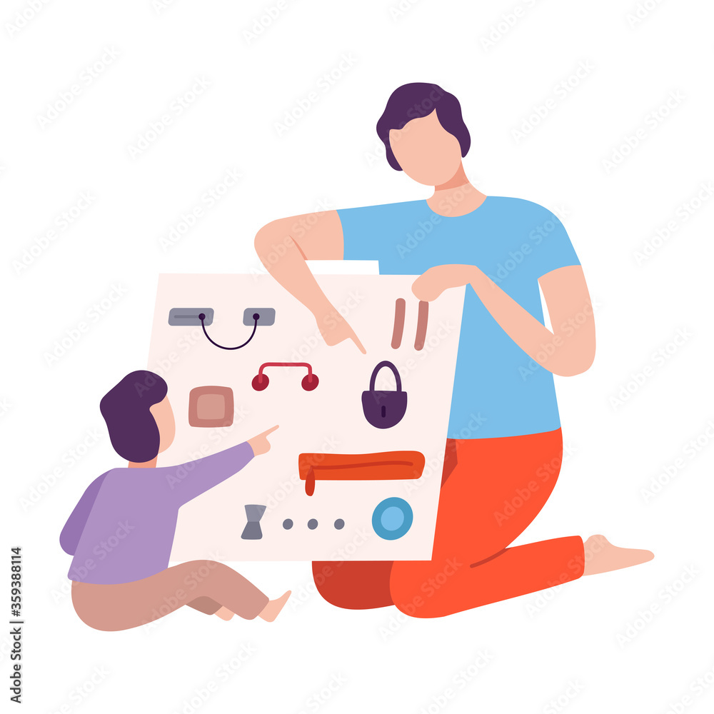 Father Playing Educational Game with his Son, Parent and Kid Spending Time Together at Home Flat Style Vector Illustration