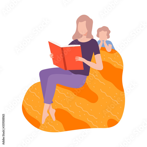 Mother Reading Book to her Little Son, Mom Sitting on Beanbag Chair, Parent and Kid Spending Time Together at Home Flat Style Vector Illustration