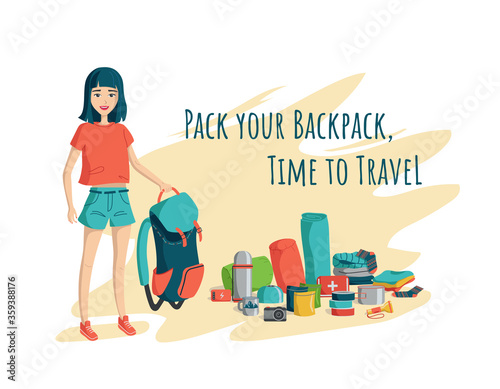 Happy young girl is standing in shorts and a T-shirt with an open tourist backpack in her hand. Concept packing a backpack for trekking.Time to travel. Set of tourist items.Cartoon vector illustration