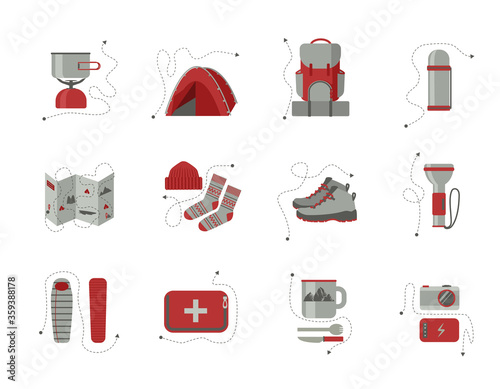 Set of vector travel icons. Red and gray travel accessories. Camping tent, gas burner, backpack, thermos, map, warm clothes, hiking boots, flashlight, first aid kit, camera, cup, sleeping bag