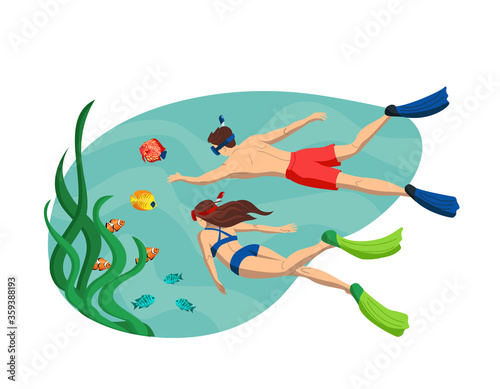 Two young people swim underwater in masks for scuba diving. Around bright exotic fish. Free diving, snorkeling. Concept of vector illustration of family vacation activities in cartoon style.