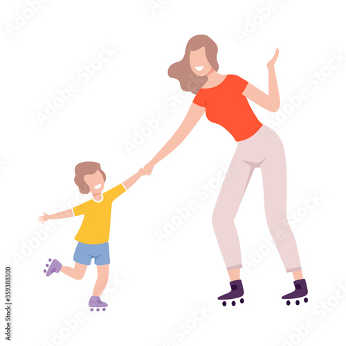 Mother and Son Roller Skating, Parent and Kid Spending Time Together Flat Style Vector Illustration