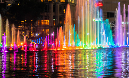 colorful fountain in city square