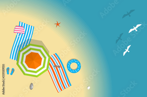 Vector illustration. Sunny beach view from above. Summertime - sea, sand, umbrellas, towels, objects. (Top view) 