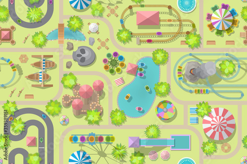 Seamless pattern. Amusement Park. (Top view) Attractions, paths, lake, circus, plants, tents. (View from above)