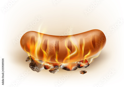 Vector realistic hot grilled sausage roasted on coals and fire, isolated on the white background. Burning classic bratwursts in flame. Picnic barbeque meal, fired street fast food. Traditional bbq.