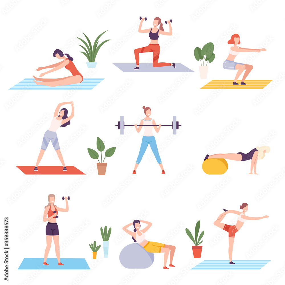 Young Woman Doing Sports with Sports Equipment in Fitness Club or Home Set, Active Healthy Lifestyle Flat Style Vector Illustration