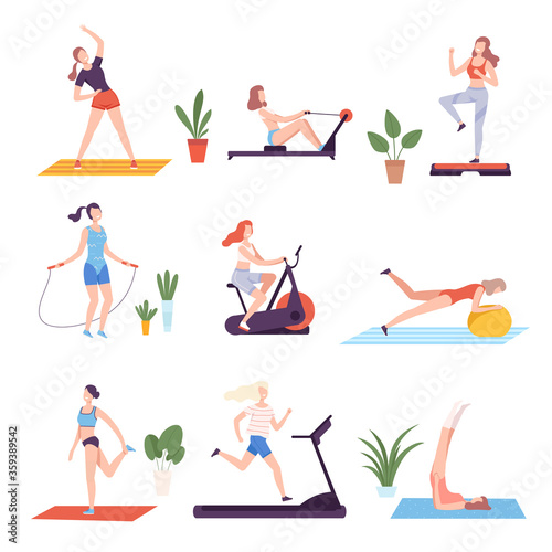 Girls Doing Sports with Sports Equipment in Fitness Club, Gym or Home Set, Active Healthy Lifestyle Flat Style Vector Illustration