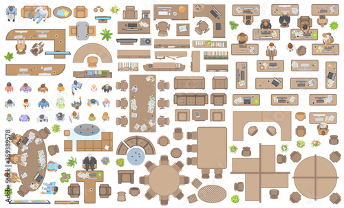 Vector set of office. People at work and office furniture. (top view) Desks, chairs, cabinets, sofas, computers, conference room, reception. Men and women in different poses. (view from above)